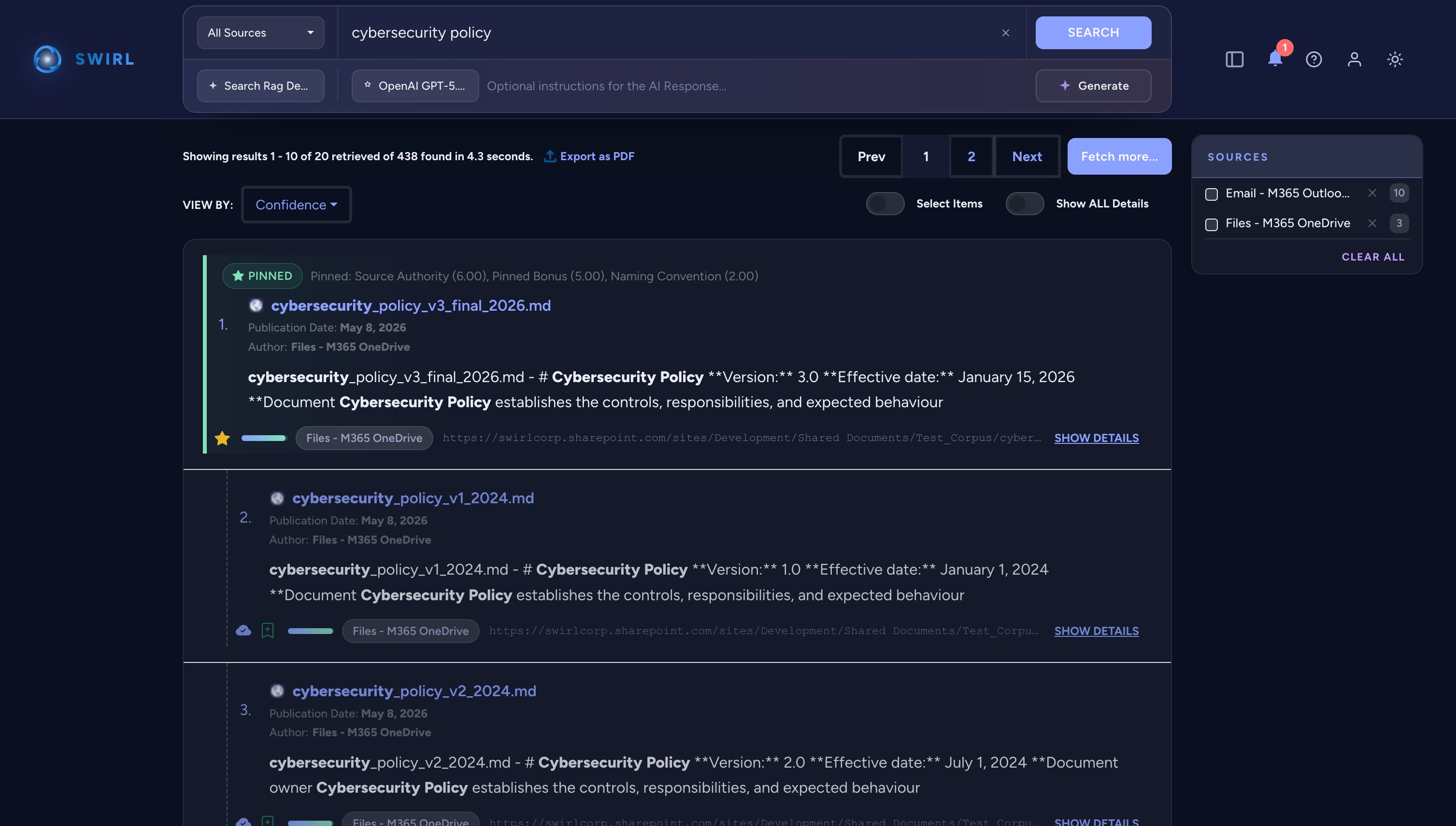 SWIRL 5 federated search with canonical pinning