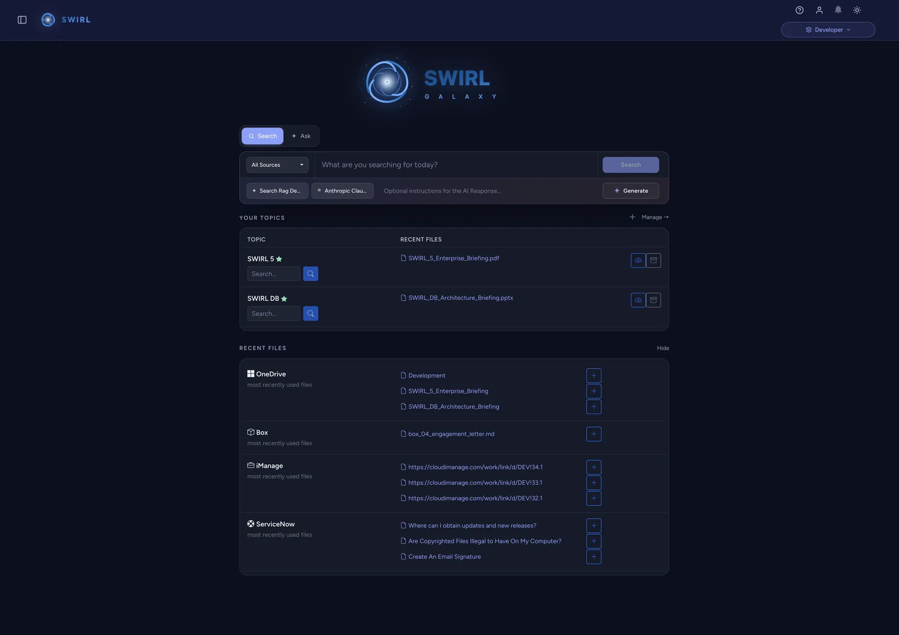 SWIRL 5 topic dashboard with workspaces and recent files