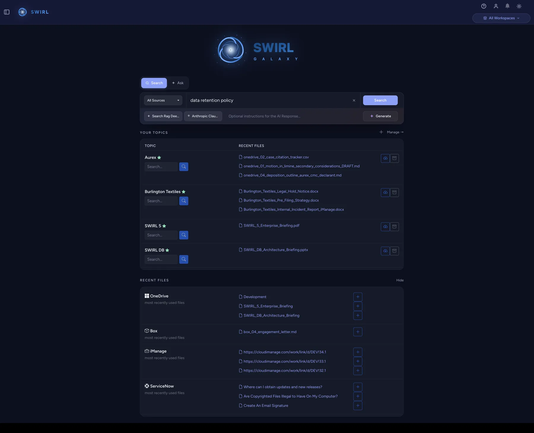 SWIRL 5 - a single query entered on the dashboard