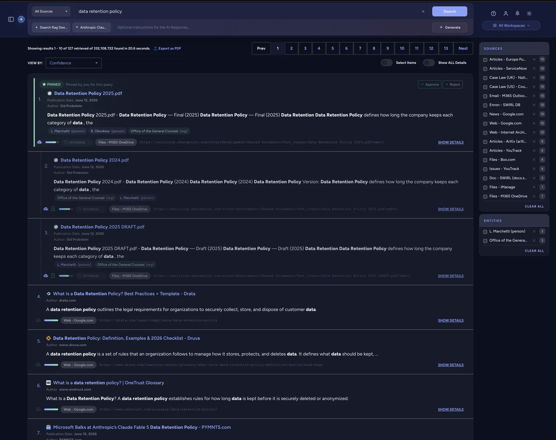 SWIRL 5 ranked results federated from hundreds of millions of documents in seconds