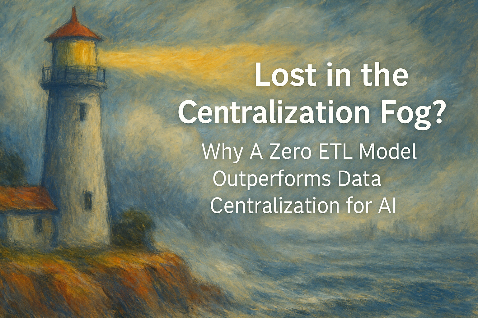 A lighthouse cutting through thick fog symbolizes clarity, with text: Lost in the Centralization Fog? Why A Zero ETL Model Outperforms Data Centralization for AI
