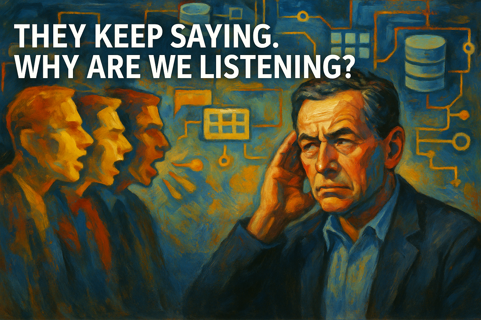 Expressionist painting of a skeptical man listening to repeated voices, surrounded by abstract data and tech icons