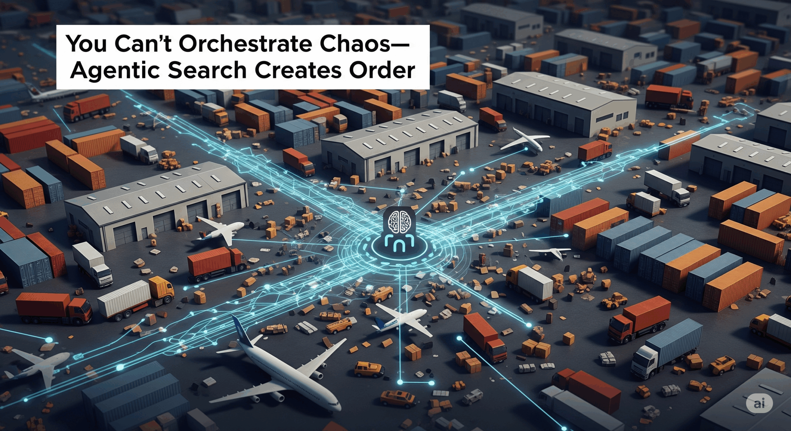 Digital logistics hub with AI network overlay, planes, trucks, and warehouses symbolizing chaotic supply chain streamlined by agentic search