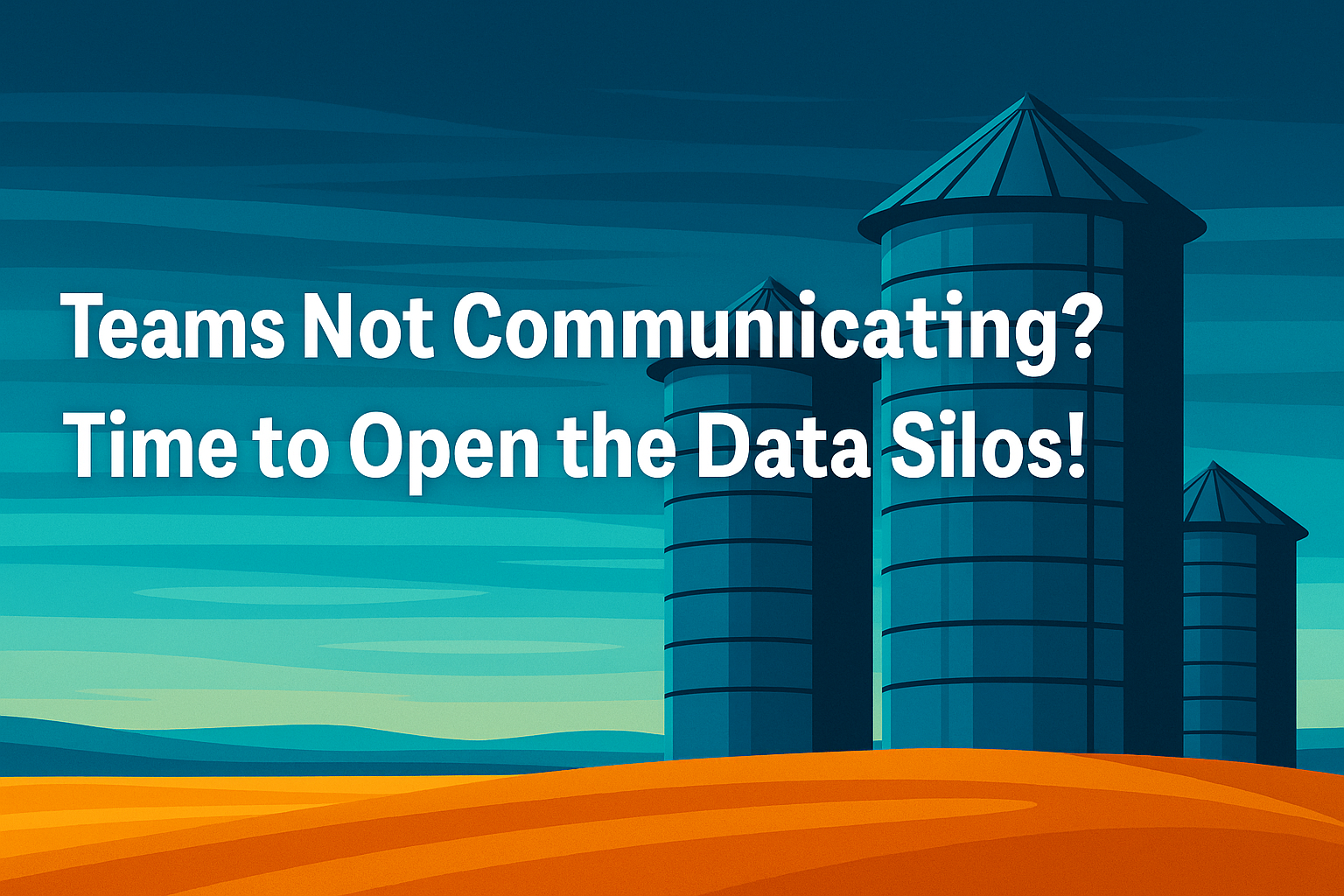 Illustration of data silos on an empty plain, symbolizing disconnected business systems and communication challenges.